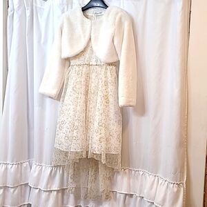 Elegant White and Gold Dress with Faux Fur Bolero